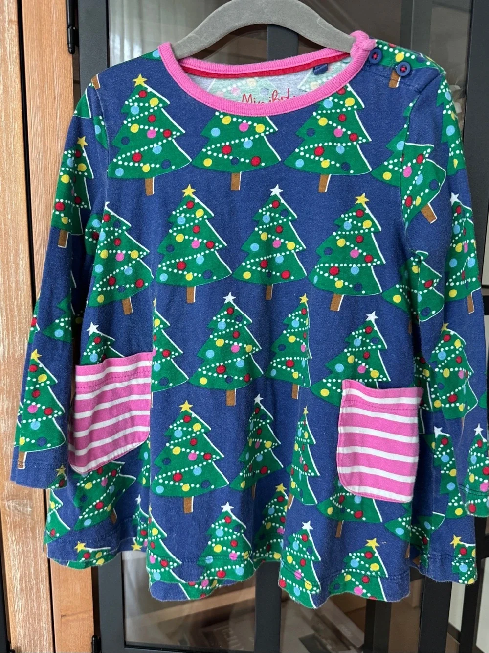 Mini Boden christmas trees dress long sleeve toddler girl navy striped pockets